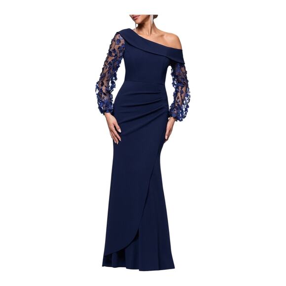 Xscape Evenings Floral Applique long sleeve gown dress blue size 4 - Picture 1 of 6